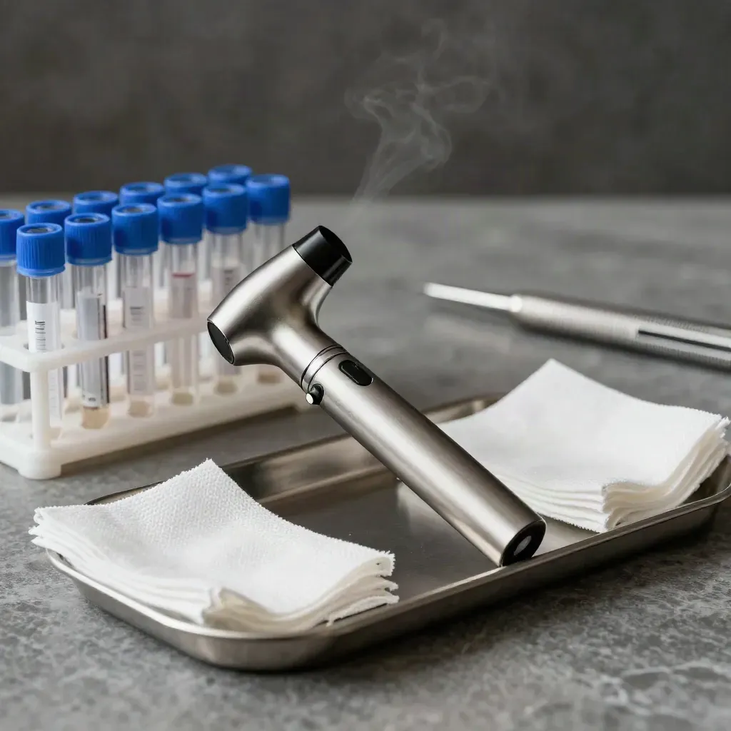 Otoscope, sample tubes, gauze squares and a metal tray on stone in dramatic light.
