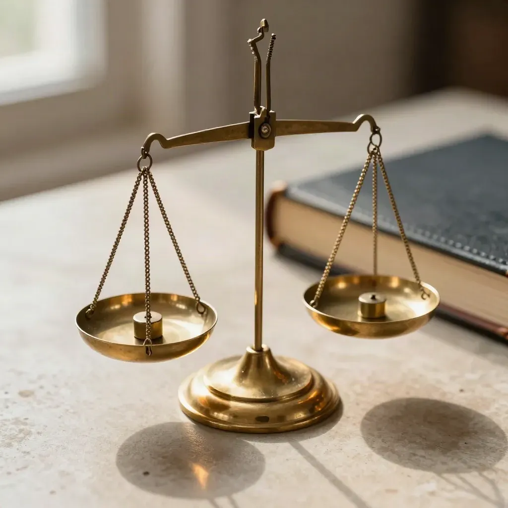 Brass balance scale with weights and slate ledger on brushed stone