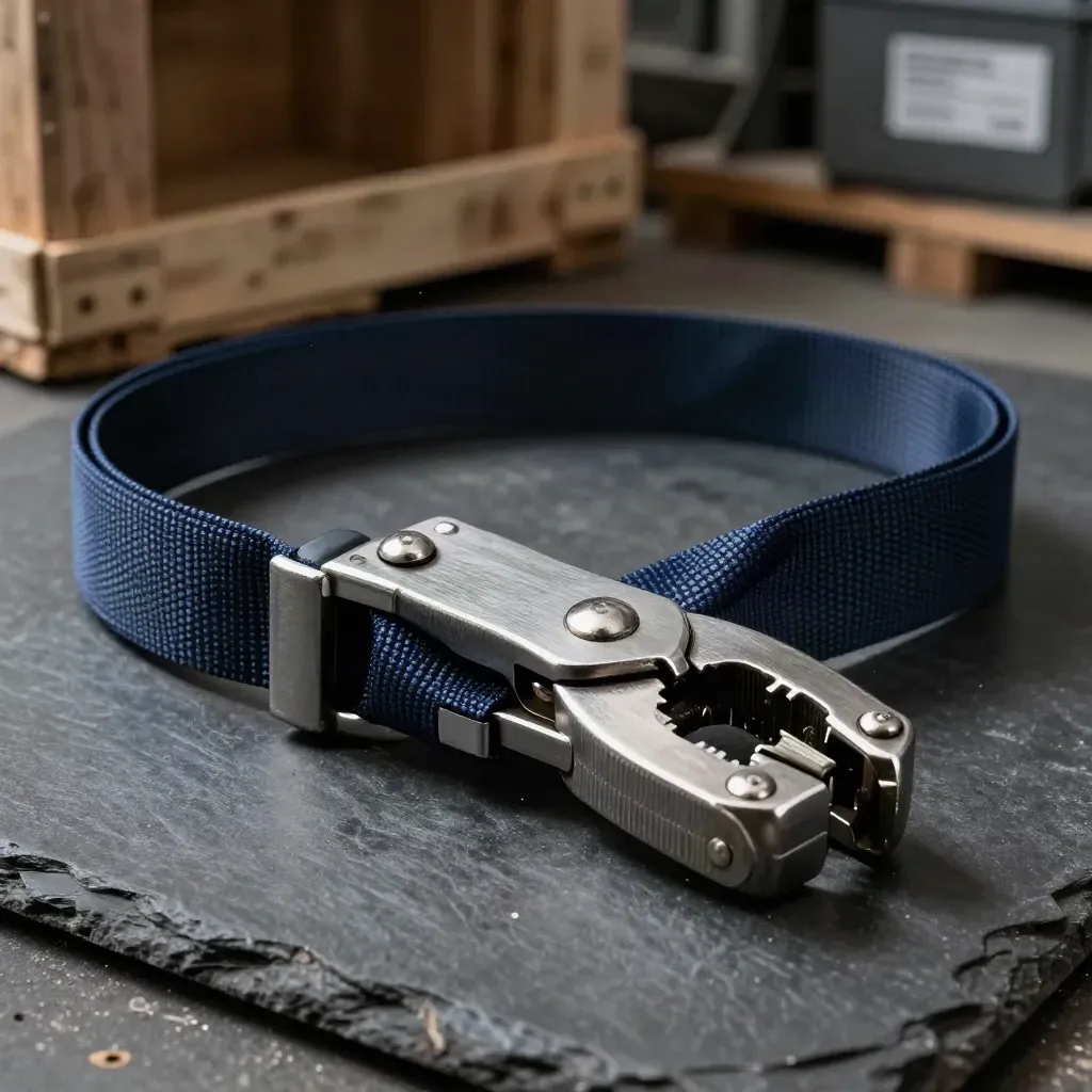 Logistics tools clustered on slate: strap, buckle, pliers, and corner protectors in dramatic light.
