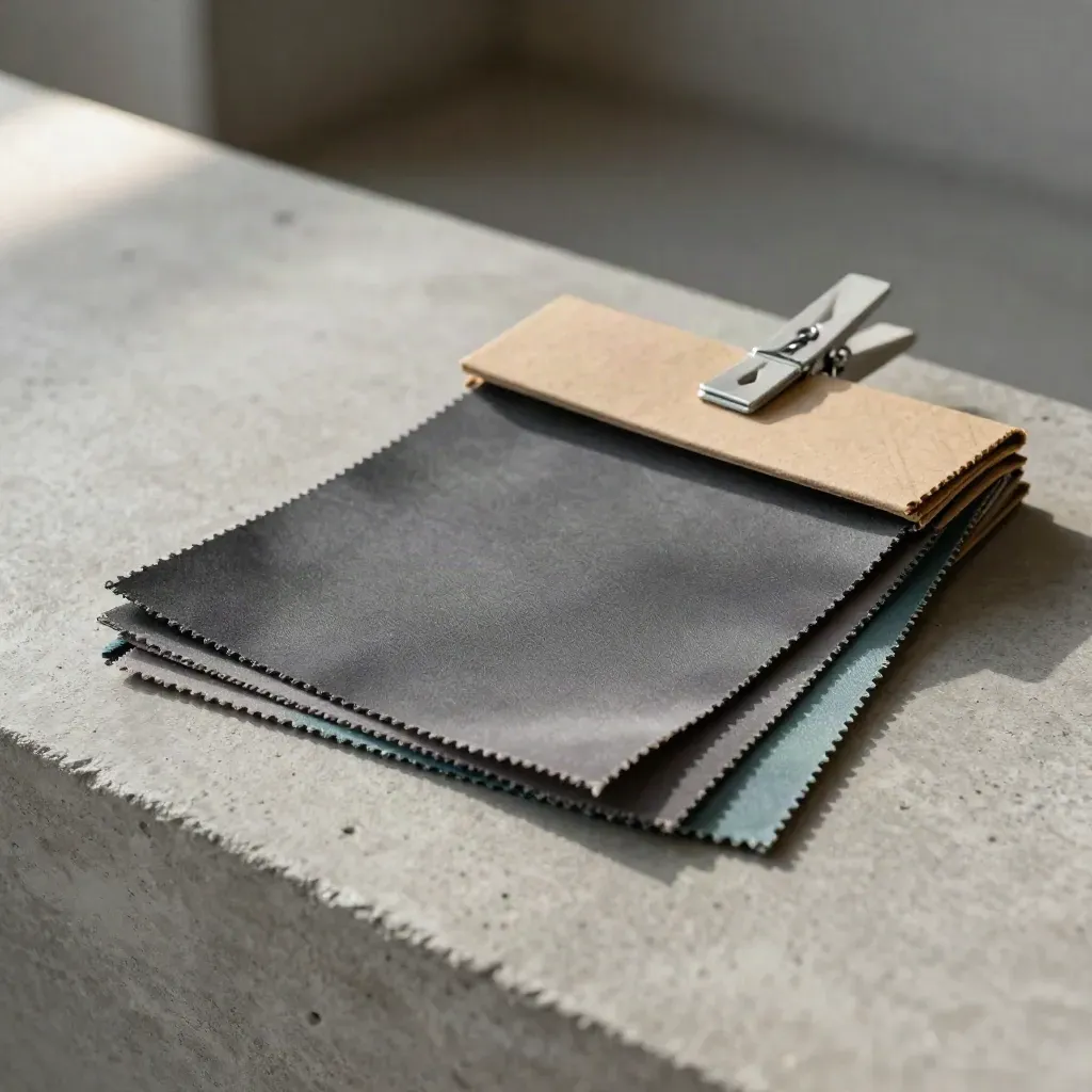 Garment clips, fabric swatches and kraft sleeve on concrete, lit with soft directional light.