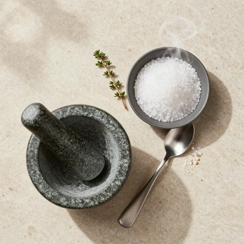 Top-down food still life with mortar, salt bowl, spoon and herb sprig on travertine.