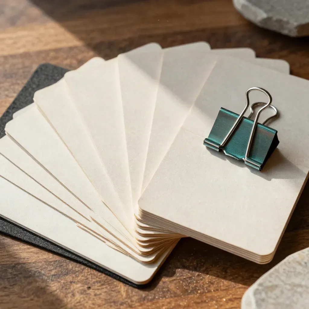 Strategy cards, brass dividers and a steel clip on walnut with muted teal accents.