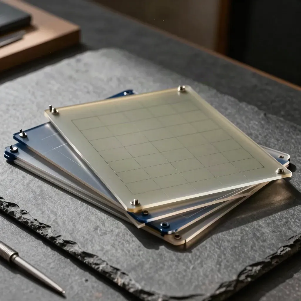 A dramatic still life of acrylic layout templates, alignment pins and blank tiles on graphite stone.