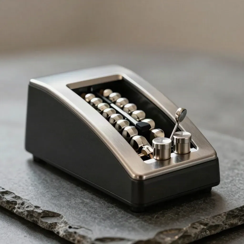 Macro still life of a tally counter, beads, and calibration weights on stone.
