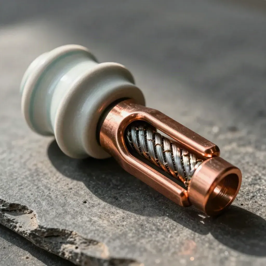 Ceramic insulator with copper cable lugs and braided connector offcuts on dark stone.