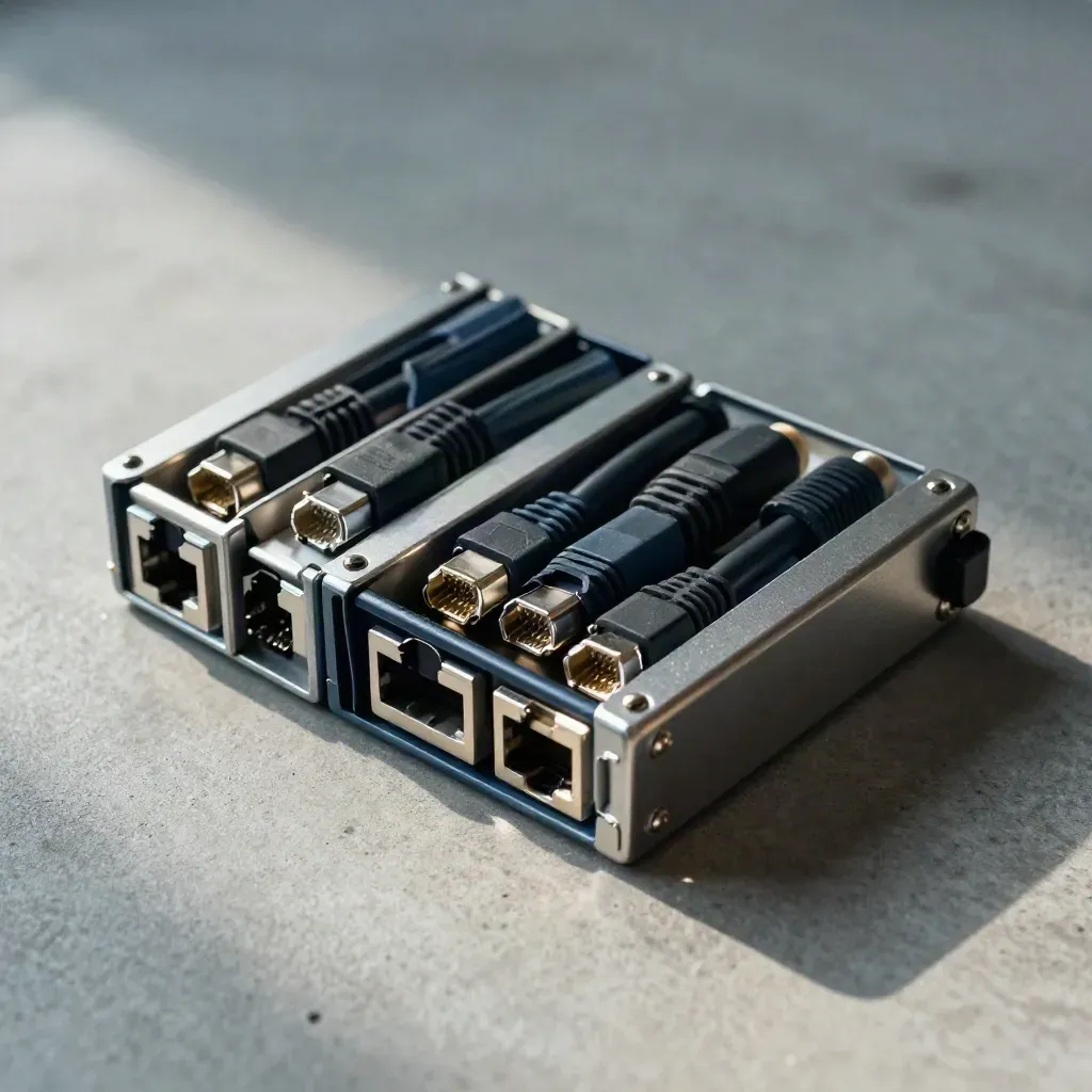 Top-down macro of server drive trays and RJ45 connectors on a matte grey surface.