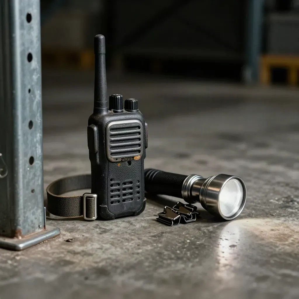 Walkie-talkie, pallet strap buckle, torch and bin clips on a warehouse floor with dusty light.
