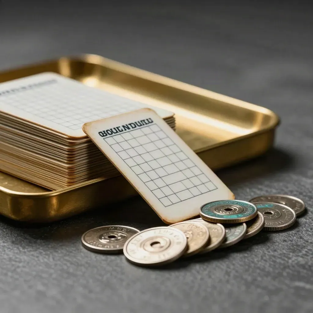 Vintage punch cards, brass tray, and metal tokens for predictive models on graphite.