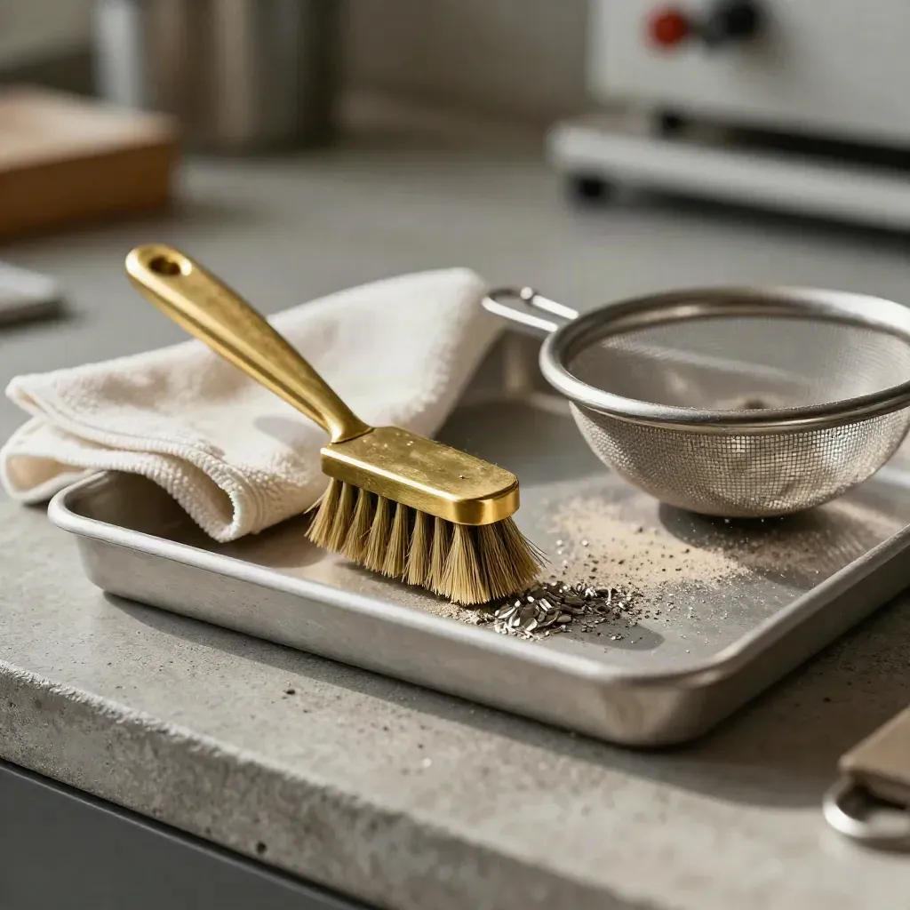 Macro still life of brass brush, magnetic tray, anti-static cloth and sieve on concrete.