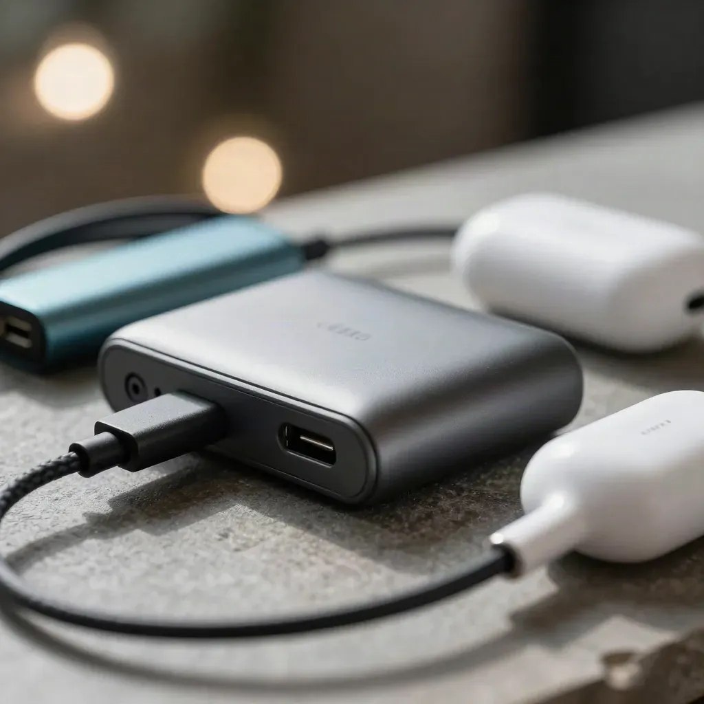 Macro still life of a power bank, USB-C hub, cable and earbuds case on stone.