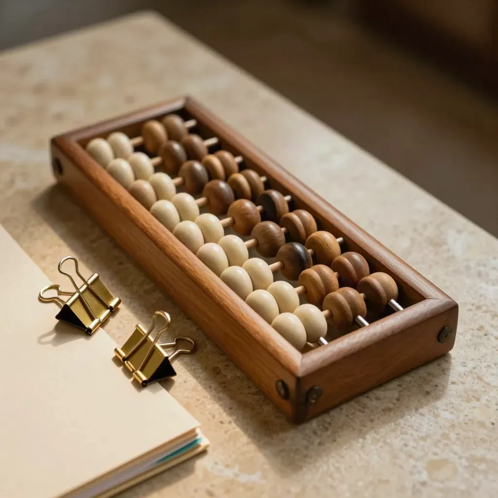 Top-down macro of an abacus, brass clips and a closed file on travertine.