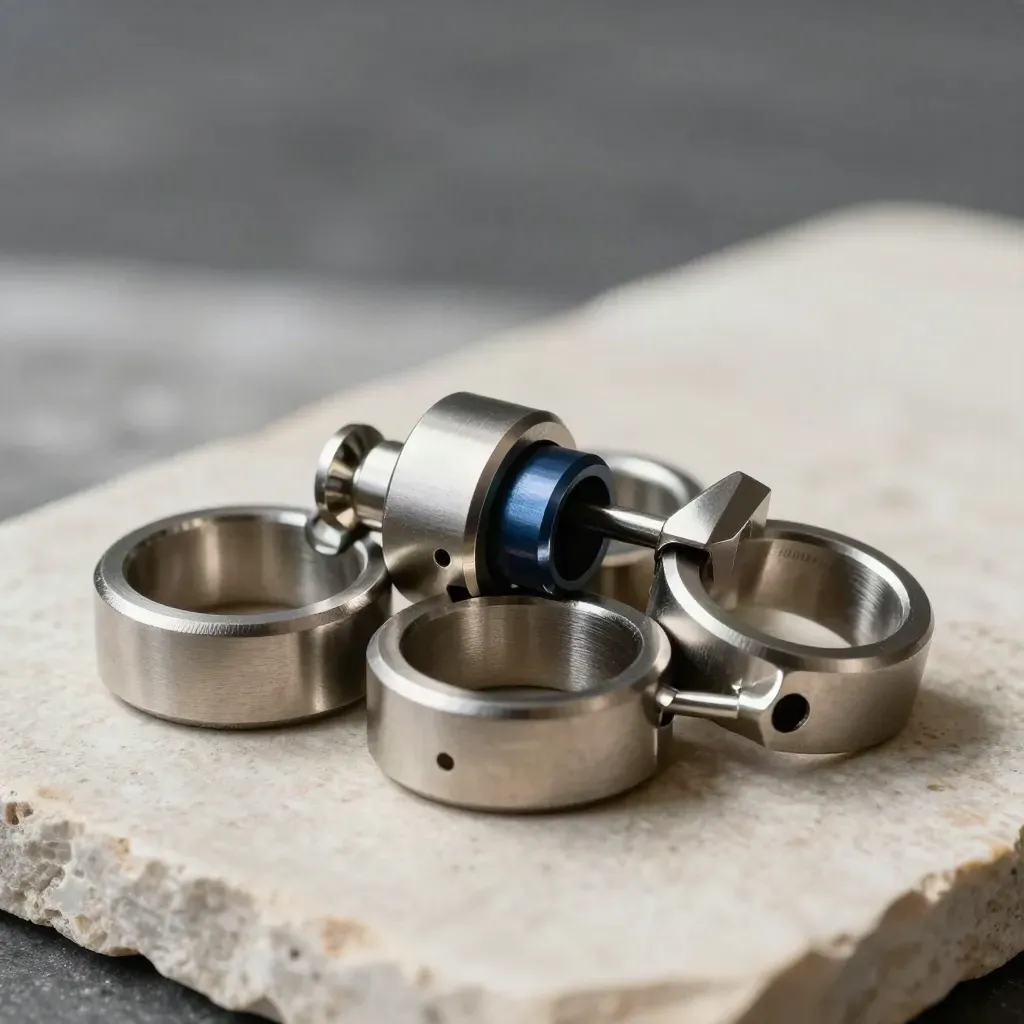 Linked machined rings and connector housings on stone, lit like a premium integration still life.