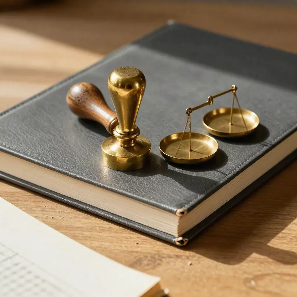 Audit seal stamp, brass weights, filing clips and a closed ledger binder on warm oak.
