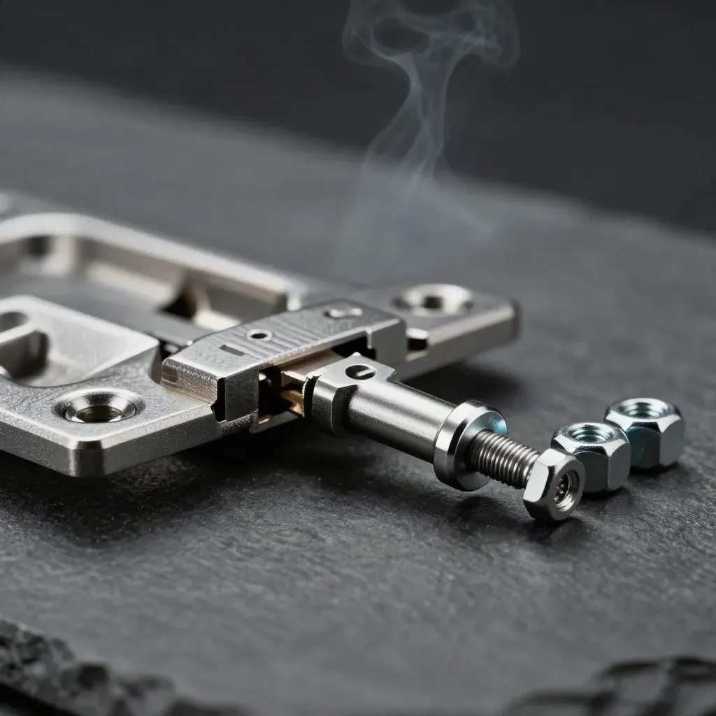 Macro of steel hinge plates closing on a dowel pin with hex fasteners on dark stone.