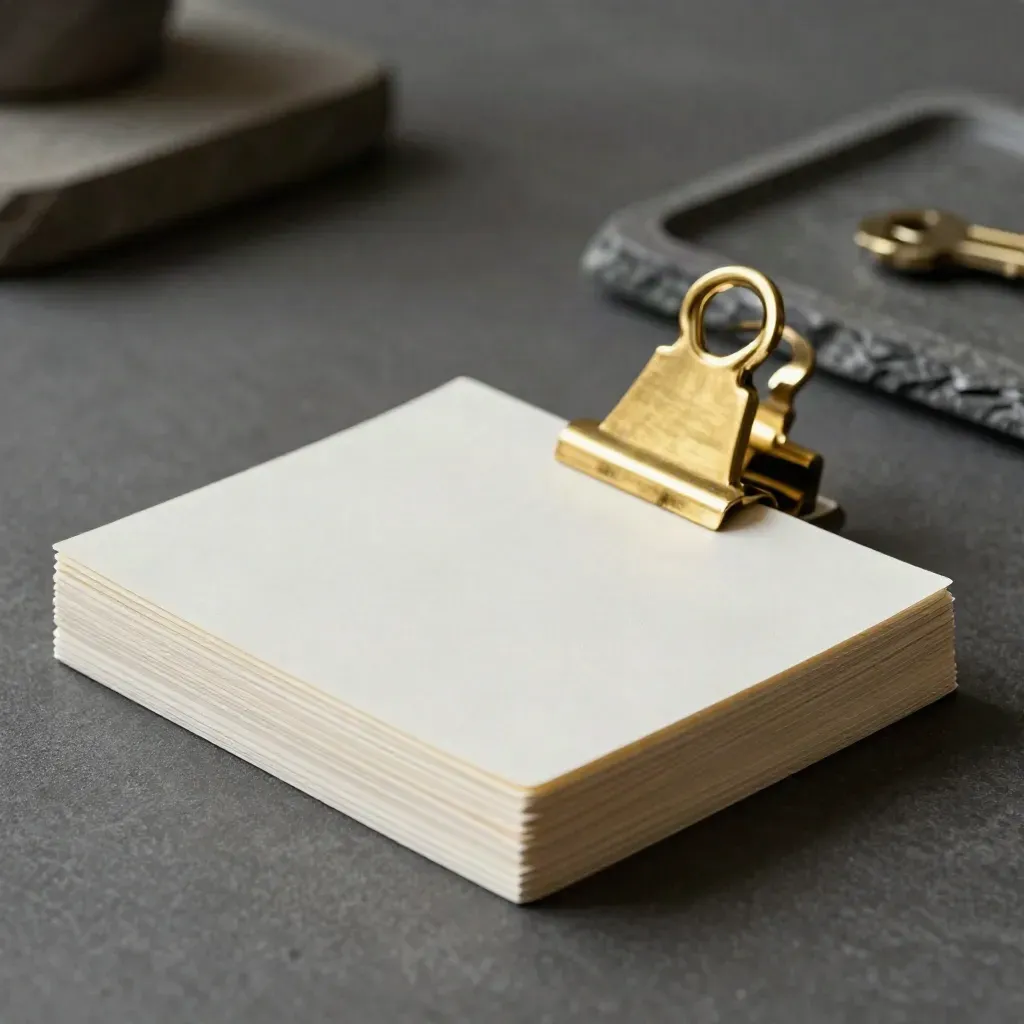 Blank archival cards clipped shut on a stone tray under dramatic studio light.
