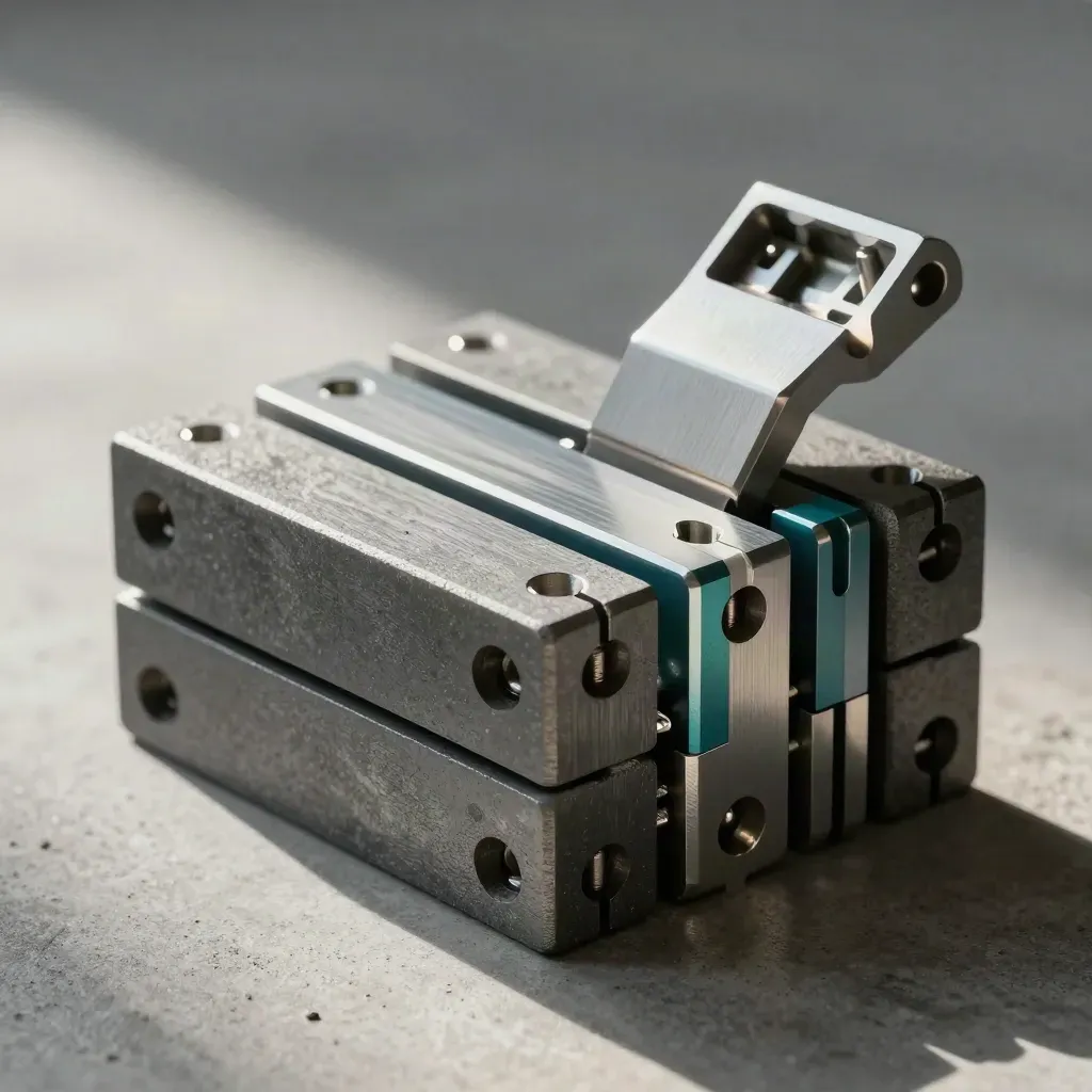 Graphite modular blocks with steel pins and teal accent connectors on concrete