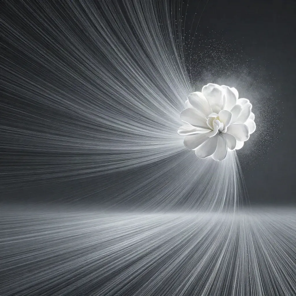 Silver filaments bloom in graphite haze with drifting motes and open lower-third copy space.